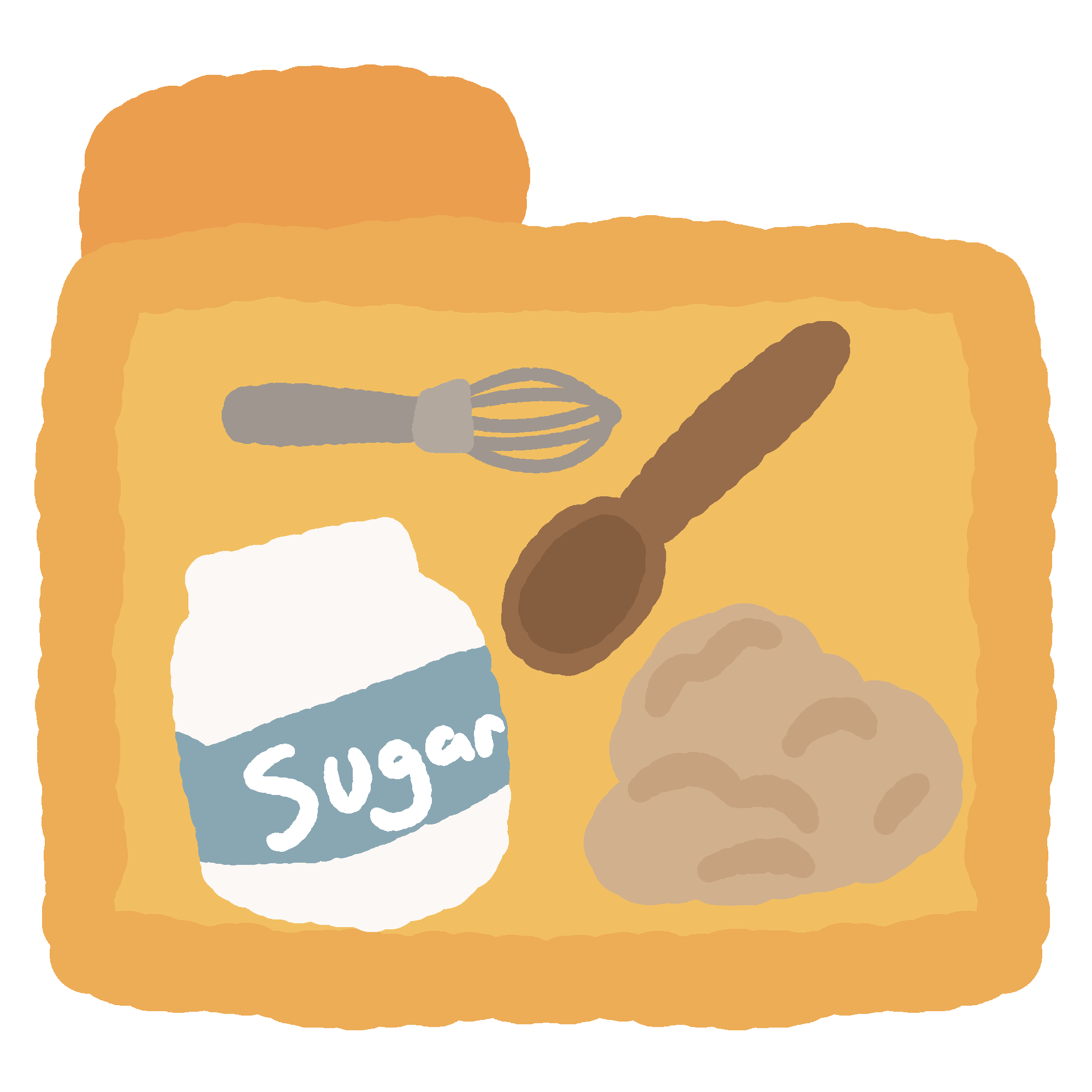 A simple yellow folder with small drawing on the front of it. There is a sugar bag, a whisk, a wooden spoon, and a clump of dough drawn onto the folder